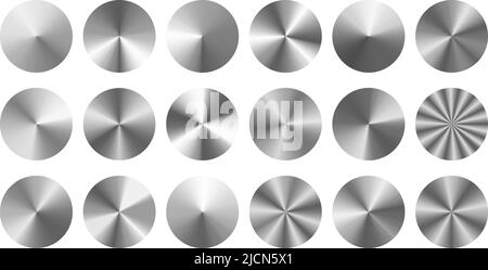 Conical metal gradients. Radial metallic knob, silver disc and brushed steel circles vector set Stock Vector