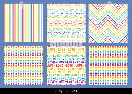 Seamless pride pattern. Rainbow gradient lines, hearts stripes and love text in LGBT flag colors seamless vector backgrounds set Stock Vector