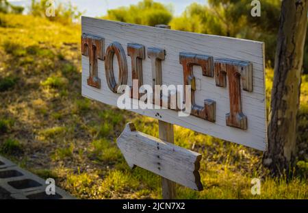 View of classic simple design handmade wooden sign of toilet give direction to WC in the park. Close up, selective focus, nobody Stock Photo