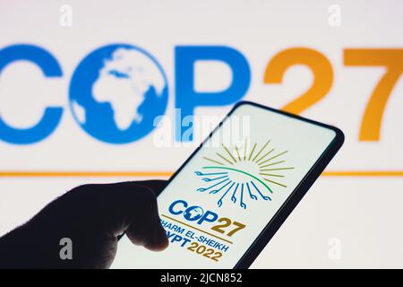 Brazil. 14th June, 2022. In this photo illustration, the 2022 United Nations Climate Change Conference COP27 logo is seen on a smartphone screen. The 2022 United Nations Climate Change Conference COP27 event will take place from the 7-18 November 2022, in Sharm El-Sheikh, Egypt. Credit: SOPA Images Limited/Alamy Live News Stock Photo