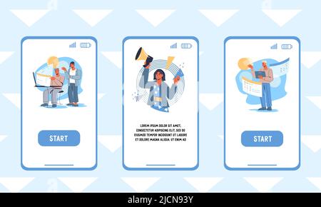 Business onboarding app screens kit, flat vector illustration. Partnership and business, finance and banking concept of UI for mobile app start page. Stock Vector