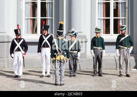 The 5th Light Dragoons, Belgo-Dutch Cavalry at the Napoleonic reenactment of the Duchess of Richmond's ball in Brussels, Belgium Stock Photo