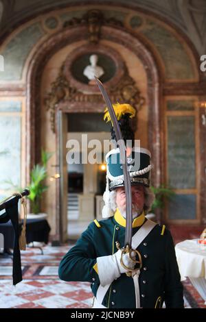 An officer of the 5th Light Dragoons, Belgo-Dutch Cavalry, at the Napoleonic reenactment of the Duchess of Richmond's ball in Brussels, Belgium Stock Photo