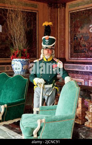 An officer of the 5th Light Dragoons, Belgo-Dutch Cavalry, at the Napoleonic reenactment of the Duchess of Richmond's ball in Brussels, Belgium Stock Photo