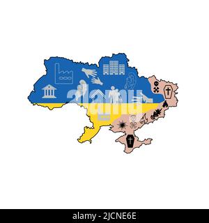 War in Ukraine, Russian invasion of Ukraine. Infographic,  Ukrainian map as symbol of political conflict and military aggression. map of Russian invas Stock Vector