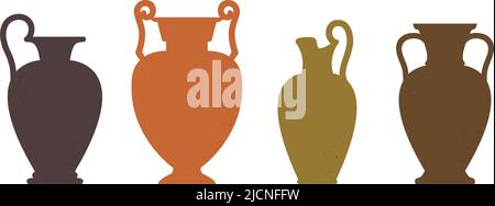 Vase silhouettes set. Various antique ceramic vases. Ancient greek jars and amphorae silhouettes with texture. Clay vessels pottery. Vector Stock Vector
