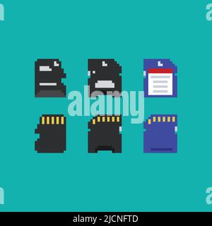 Pixel art memory card vector 8 bit icon set on light blue background. Video game 8-bit sprite. Isolated vector illustration. Stock Vector