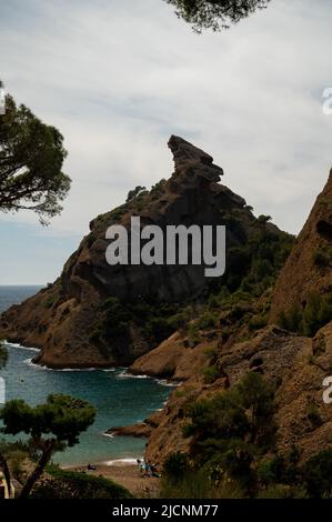 Rocher du capucin cliff in blue Calanque de Figuerolles near La Ciotat, Provence, France, summer vacation in France Stock Photo