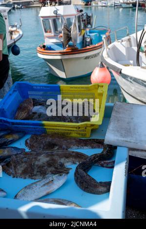 Catch of the day , fresh fish for sale on daily outdoor fisherman's market in small old port in Cassis, Provence, France Stock Photo