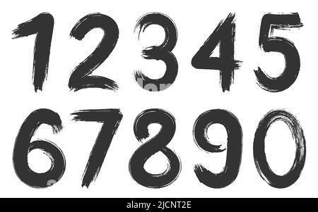 Handwritten ink number grunge black silhouette set. Modern caligraphic rubbed dirty smear typeface hipster paint dry typography numeral scrapbook sticker chalk texture graffiti education isolated Stock Vector
