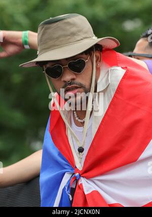 New York City. 12th June, 2022. Fifth Avenue, New York, USA, June 12, 2022 - Bad Bunny, during the 65th Puerto Rican Day Parade on June 12, 2022 in New York City. Credit: Giada Papini Rampelotto/EuropaNewswire PHOTO CREDIT MANDATORY./dpa/Alamy Live News Stock Photo