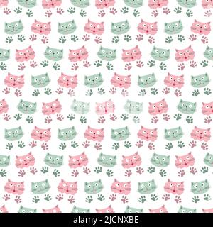 Pattern with cute multi-colored cats. Cats faces.  Stock Vector
