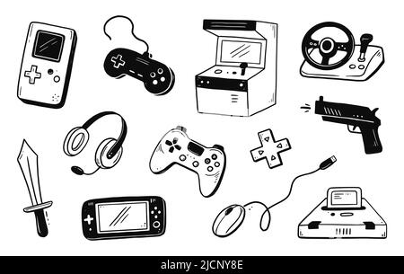 Video game hand drawn doodle set. Video gamer console, joystick, controller element. Computer retro, arcade play background. Vector illustration. Stock Vector