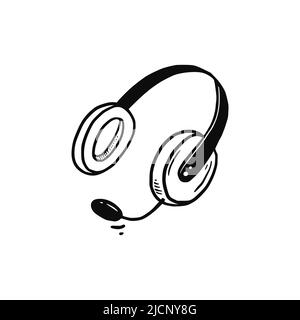 Headphone doodle hand drawn sketch element. Headphone with microphone. Vector illustration isolated. Stock Vector