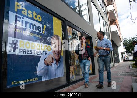 Supporters of presidential candidate Rodolfo Hernandez are preparing fot the second round of presidential elections against left-wing Gustavo Petro in Pasto, Colombia, June 14, 2022 Stock Photo