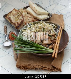 Stir fried soft turnip cake or Fried radish cake (chai tow kway) with bean sprout and chives in ceramic plate served with suger, ground dried chili. T Stock Photo