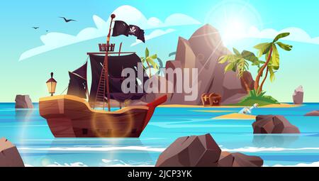 Rocky island with pirate flag and palm trees in the ocean. Bottle with ...