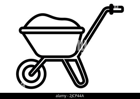 A black construction cart icon is transporting cargo in the garden. flat vector illustration. Stock Vector