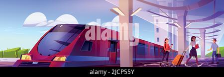 People with luggage on railway station platform. Vector cartoon illustration of summer city landscape with station, speed train on rails and passengers with suitcases Stock Vector