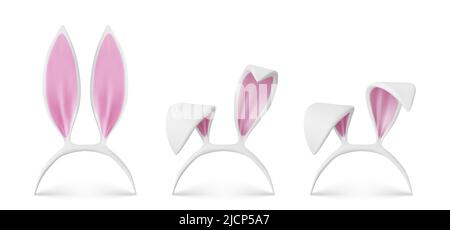 Bunny ears headband realistic vector illustration. White rabbit easter mask, cute hare costume with pink ears, 3D icons isolated on white background Stock Vector