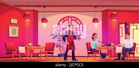 Man waiter services couple in chinese restaurant. Vector cartoon illustration of man and girl have dinner in china cafe. Asian interior with furniture, red lanterns and folding screen Stock Vector