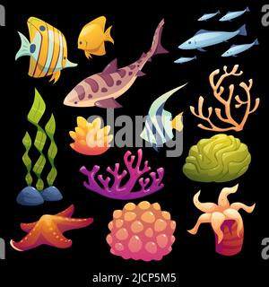 Sea tropical fish, coral, red star and sponge cartoon vector set isolated on black background. Striped butterfly fish and shark, yellow tang and school of tuna, actinia and seaweed, underwater animal Stock Vector