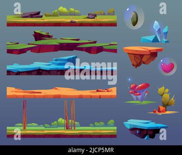 Game ui elements with seamless ground texture, floating islands and items. Vector cartoon set of elements of summer, winter and desert landscapes, blue crystals, cactus, mushroom and heart in bubble Stock Vector