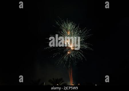 Multicolored fireworks in the night sky. Celebration of Independence Day, New Year and other holidays Stock Photo