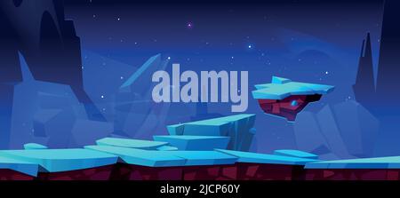 Seamless game background of alien planet landscape with ice and floating islands. Vector cartoon illustration of land with frozen water or blue crystals at night Stock Vector