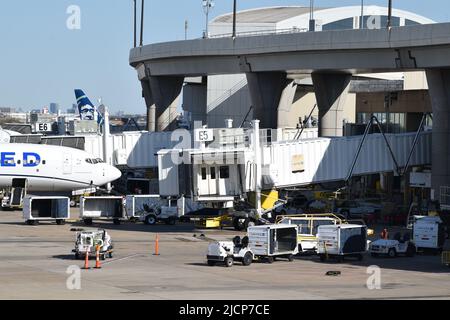 A United Airlines Boeing 737 Max 8 plane parked and being serviced by ramp agents at gate E5 at terminal E at Dallas Fort Worth International Airport Stock Photo