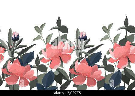 Vector floral seamless pattern, border. Horizontal panoramic illustration with pink flowers, buds in blue-green foliage. Stock Vector