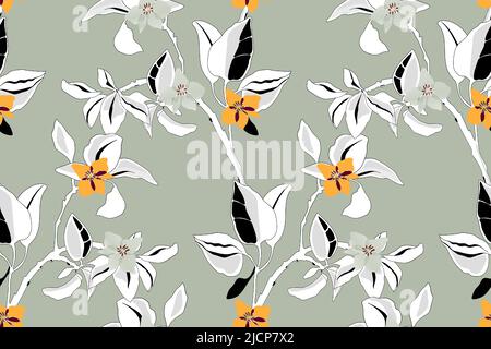 Vector floral seamless pattern. Black and white, grayscale branches with leaves, yellow and olive flowers on a light olive colored background. Stock Vector