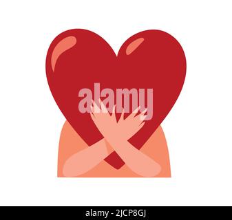 Self love icon, self care and support, mental health. Psychological banner, man hugging a big heart. Symbol for psychologist, therapy for teenagers. V Stock Vector