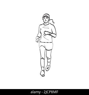 line art young woman in sportswear and cap jogging illustration vector hand drawn isolated on white background Stock Vector