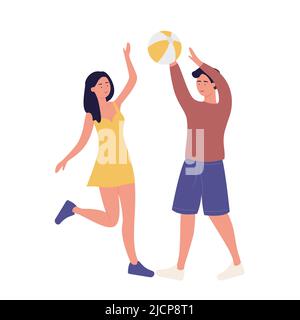 Happy boy and girl funny playing with ball. Outdoor volleyball game sport  activity cartoon vector illustration Stock Vector Image & Art - Alamy