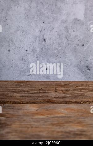 Background with place for text. Photo background. Brown wooden background and stone wall. Stock Photo