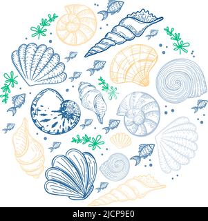 Set of sea creatures in a circle, hand-drawn in sketch style. Circle frame of seashells, seaweed and small fish. Pastel palette. Summer greeting card Stock Vector