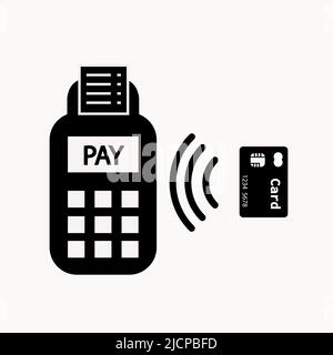 Card paying wirelessly over POS terminal. Vector outline icon. Stock Vector