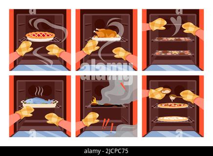 Different baked food in opened oven Stock Vector
