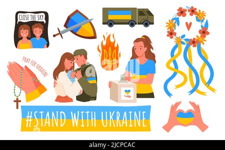 Support and help for Ukraine set, Stand with Ukraine on Ukrainian flag, humanitarian aid Stock Vector