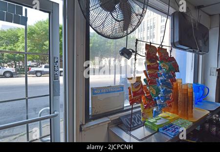 A display of various bags of chips at the Record Grill, a small hole in the wall restaurant, in downtown Dallas, Texas Stock Photo