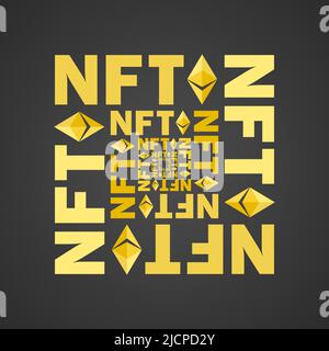 NFT token in crypto artwork. Banner Non-fungible token. NFT non fungible token in blockchain technology in digital crypto art. ERC20 cryptocurrency and art in cartoon style Stock Vector