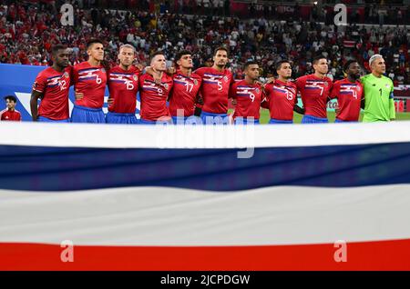 Doha, Qatar. 14th June, 2022. Costa Rica's players line up for national anthem prior to the FIFA World Cup 2022 intercontinental play-offs match between Costa Rica and New Zealand at the Ahmed bin Ali Stadium, Doha, Qatar, June 14, 2022. Credit: Nikku/Xinhua/Alamy Live News Stock Photo