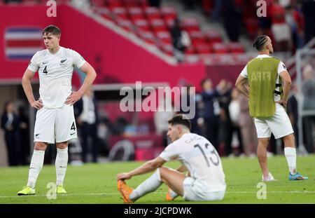 Doha, Qatar. 14th June, 2022. Players of New Zealand react after the FIFA World Cup 2022 intercontinental play-offs match between Costa Rica and New Zealand at the Ahmed bin Ali Stadium, Doha, Qatar, June 14, 2022. Credit: Wang Dongzhen/Xinhua/Alamy Live News Stock Photo