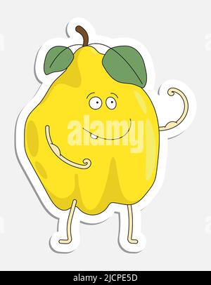 Cheerful quince shows biceps muscles on arm, fruit character in doodle style. Hand drawn cartoon icon with stroke. Cartoon vector sticker isolated on Stock Vector