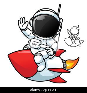 Cute Astronaut Riding a Rocket Waving His Hand with Black and White Line Art Drawing, Science Outer Space, Vector Character Illustration. Stock Vector