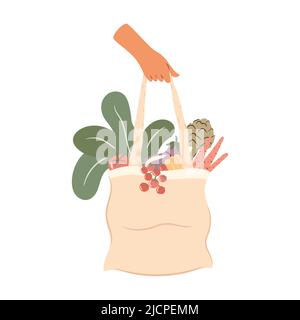 Hand holding grocery bag with vegetables and salad leaves. Plastic-free concept illustration Stock Vector