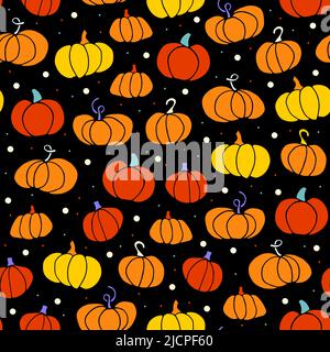 Doodle Pumpkin seamless pattern. Different gourd on black doted background. Orange hand-drawn vegetable. Vector cartoon illustration for wallpaper, au Stock Vector