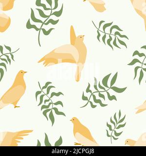 Seamless pattern with flat abstract doves and green olive brunches, peace and love symbol birds in different poses, flying pigeons and wavy leaves bac Stock Vector