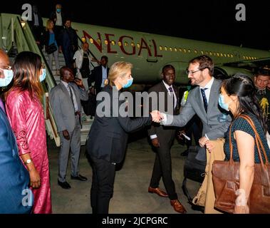 Dakar, Senegal. 14th June, 2022. Queen Maxima of The Netherlands arrives at airport Blaise Diagne in Dakar, on June 14, 2022, for a 2 days visit to Senegal in her capacity as the United Nations Secretary-Generals Special Advocate for Inclusive Finance for Development (UNSGSA) Credit: Albert Nieboer/Netherlands OUT/Point de Vue OUT/dpa/Alamy Live News Stock Photo